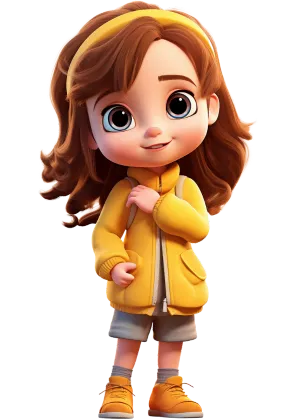 This is a 3D animated image of a young girl character with large, expressive eyes and a gentle smile. She has wavy, shoulder-length brown hair and is wearing a yellow hooded coat over a white shirt, paired with beige shorts. On her feet, she has yellow boots that match her coat. Her right hand is slightly raised to her chest, adding to her look of soft curiosity. The background is transparent, which places the full focus on the character.