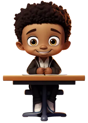 The image shows a 3D animated boy with curly hair, large, expressive eyes, and a bright, engaging smile. He is seated at a school desk, with his hands clasped together in front of him. The boy is dressed in a smart-casual style, wearing a brown blazer over a white shirt, complete with black pants and white sneakers. His posture and the setting suggest he is in a classroom environment, possibly ready for a learning activity or eagerly participating in class. The background is not visible, focusing the attention on the character and the desk.