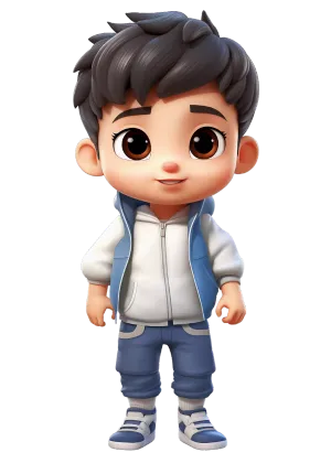 The image shows a 3D animated character of a young boy with big, round eyes and a cheerful smile. He has dark hair styled in a modern, tousled manner. The boy is dressed in a casual, sporty outfit with a white and blue hoodie, blue joggers with a white stripe, and matching blue and white sneakers. His hands are loosely hanging by his sides, and his posture is relaxed. He has a look of innocent curiosity and appears ready for a day of fun or exploration. The background is transparent, focusing all attention on the character's design.