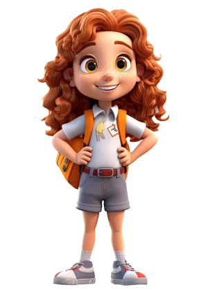 This is an image of a 3D animated character, a young girl with curly red hair and green eyes. She's wearing a short-sleeved white shirt with an orange neckerchief and a greyish-blue skirt. The character has a brown belt with a silver buckle, grey socks, and white shoes with orange laces. She's also wearing a large orange backpack and is smiling, giving off a friendly and adventurous vibe.